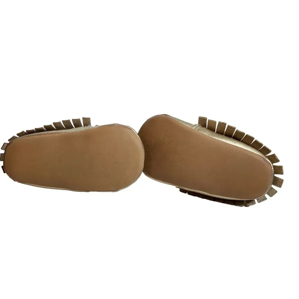 Old Navy Gold Baby Moccasins Shoes Sz 3-6mos / Fringe & Bow